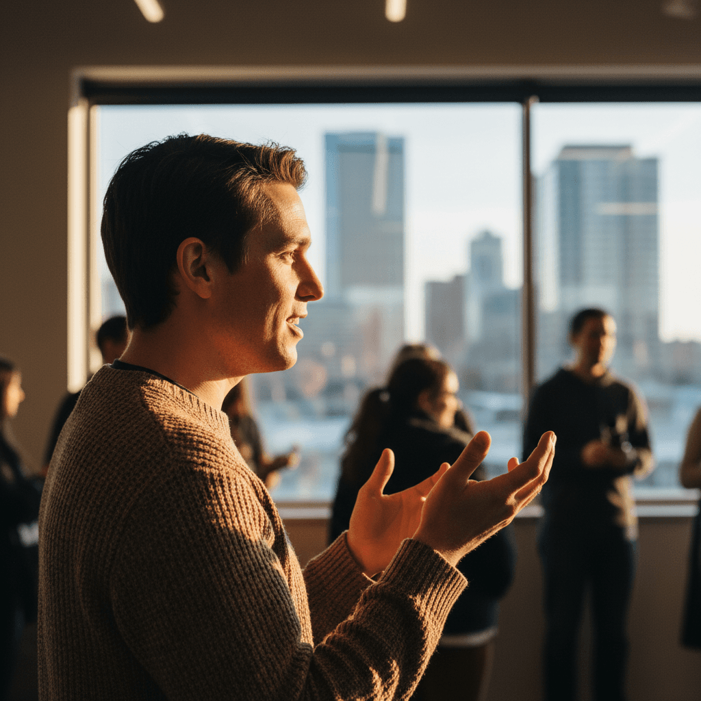 Person confidently expressing themselves during community meetup