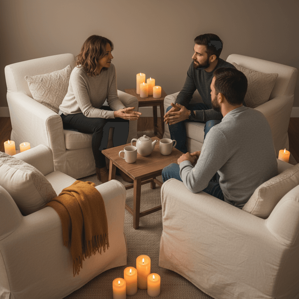 A warm, candlelit intimate aesthetic medium shot of two people having a genuine conversation in a circle of chairs, captured mid-discussion with natural eye contact and open body language