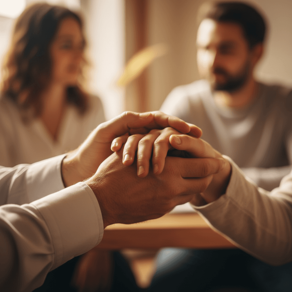 Hands showing support and encouragement between coach and participant