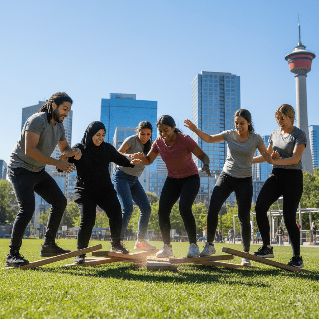 Group actively participating in a social challenge exercise