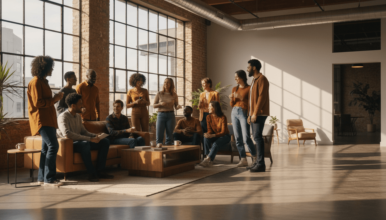 Diverse group of people connecting authentically in a modern urban space