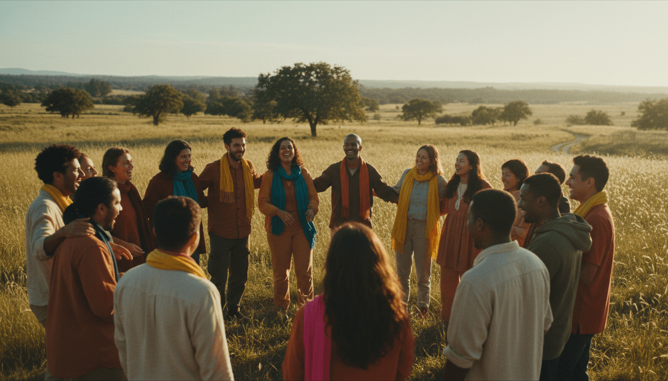 Diverse group of people standing together in a circle, engaged in genuine conversation and connection outdoors