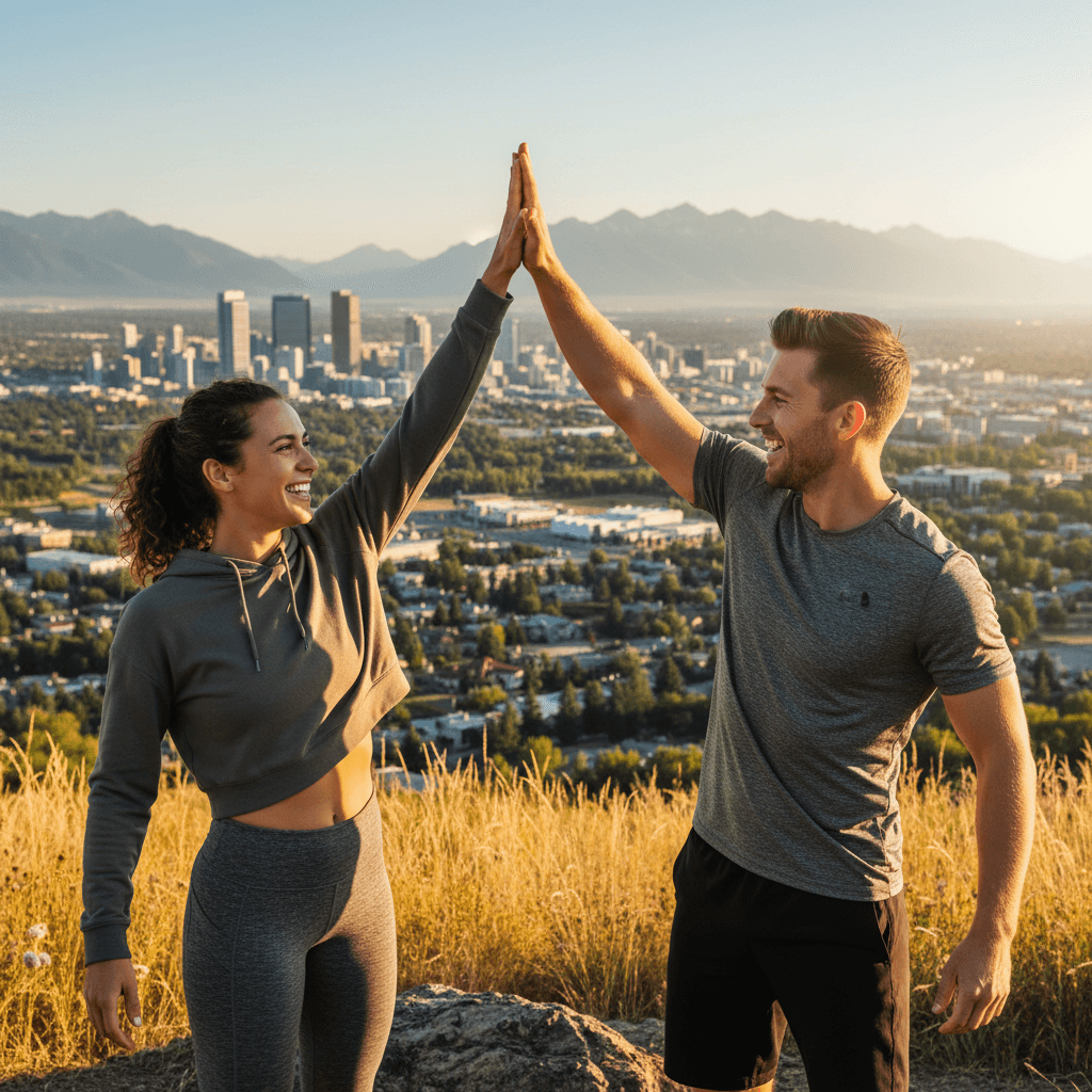 Coach and client celebrating breakthrough moment in social confidence