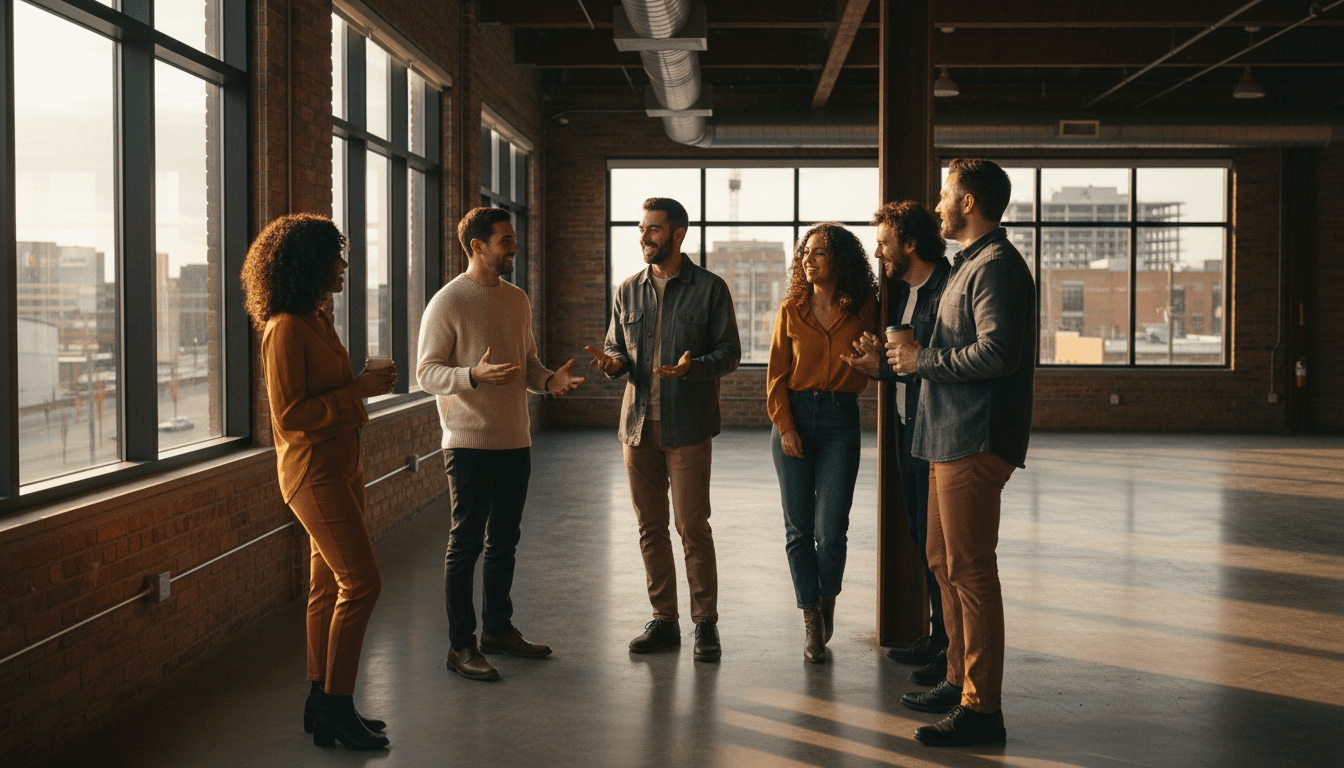 Diverse group of people engaged in confident conversation with genuine smiles and open body language