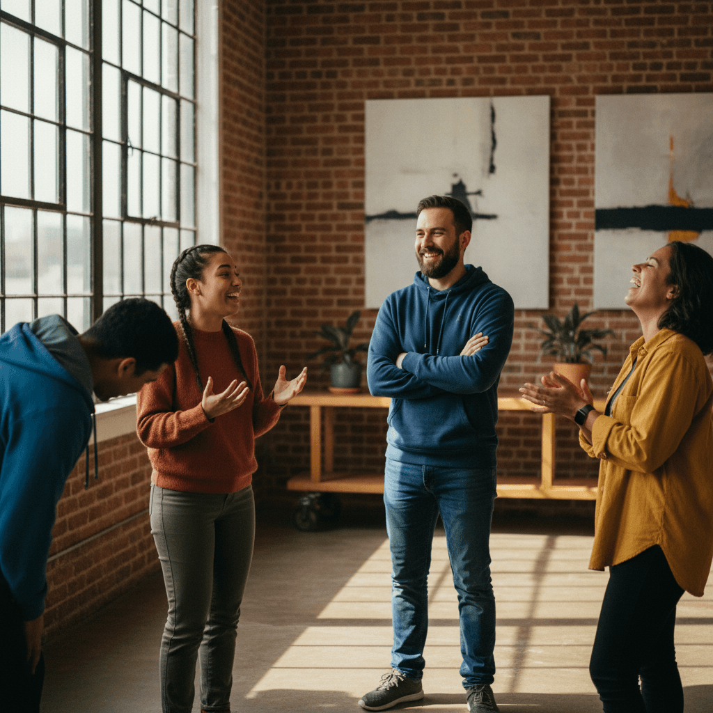 Group of people laughing together during a Chalant Society weekly meetup