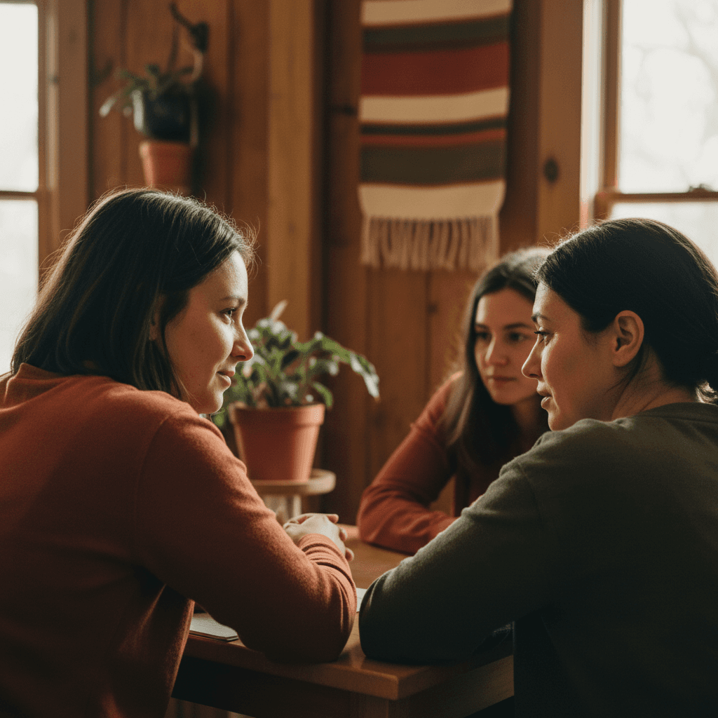 Members connecting deeply during a Chalant Society meetup conversation