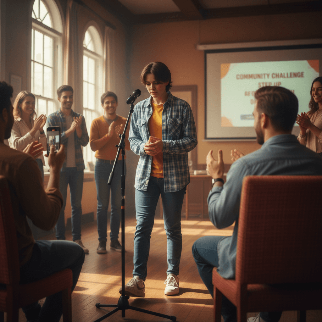 A community member taking on a social challenge while peers offer encouragement