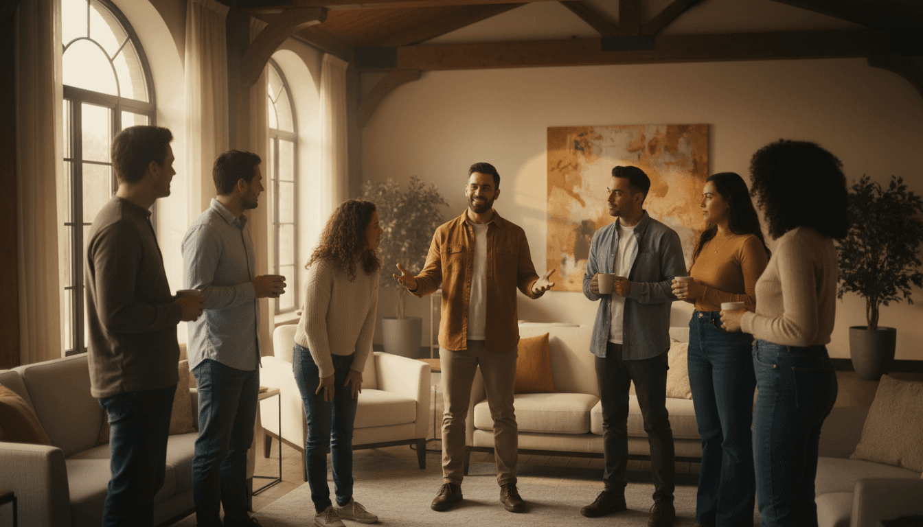 Diverse group of people having a genuine conversation in a warm, welcoming community space