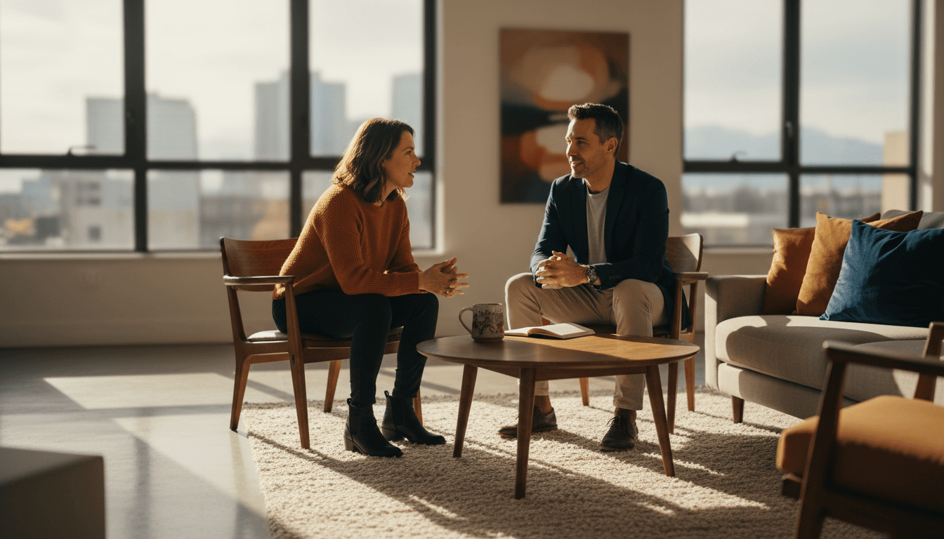 Two people engaged in a one-on-one coaching conversation in a bright, modern space