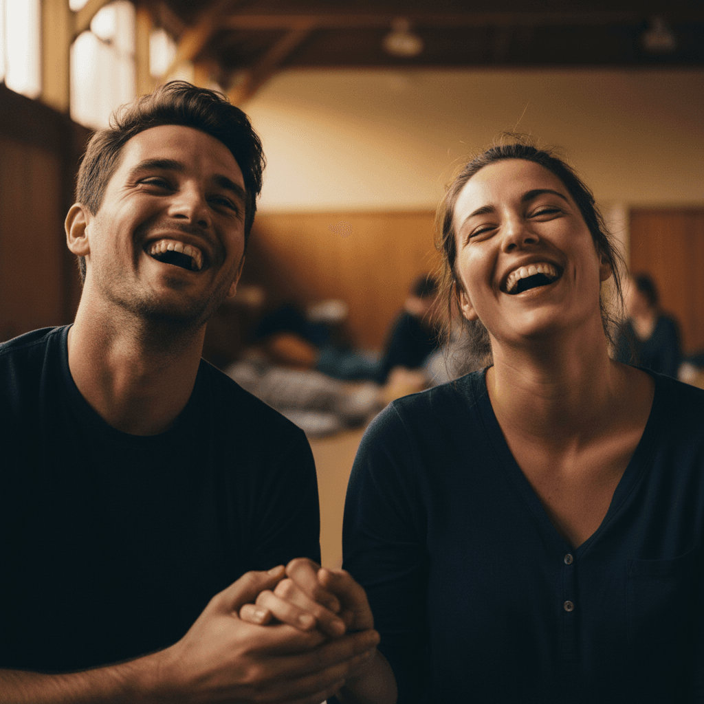 Two participants share a genuine laugh during a social challenge at the meetup